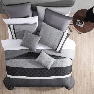 12pc King Rossi Embroidered Colorblock Comforter & Sheets Bedding Set - Gray