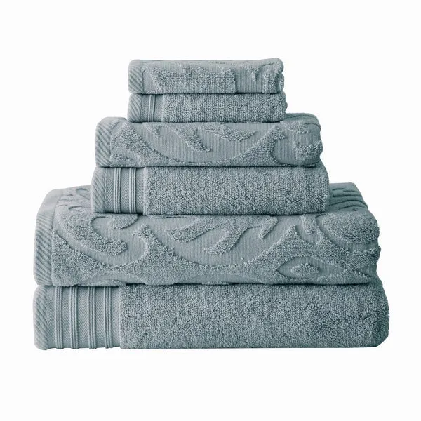 6 Piece Soft Egyptian Cotton Towel Set, Medallion Pattern, Blue Gray