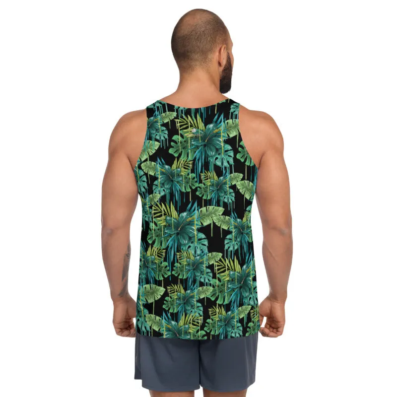 Black Tropical Unisex Tank Top, Green Leaf Best Print Men's Fashion Tank Top-Made in USA/EU