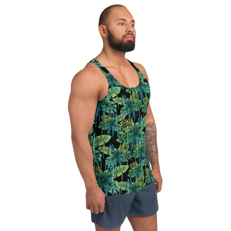 Black Tropical Unisex Tank Top, Green Leaf Best Print Men's Fashion Tank Top-Made in USA/EU