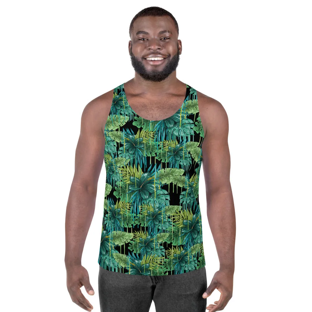 Black Tropical Unisex Tank Top, Green Leaf Best Print Men's Fashion Tank Top-Made in USA/EU