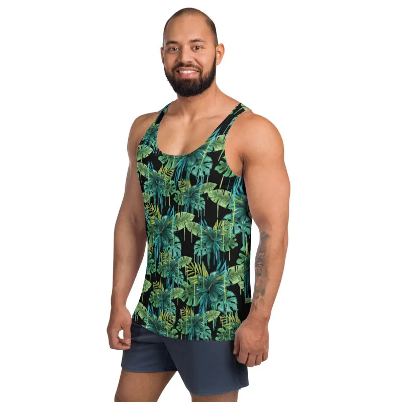 Black Tropical Unisex Tank Top, Green Leaf Best Print Men's Fashion Tank Top-Made in USA/EU