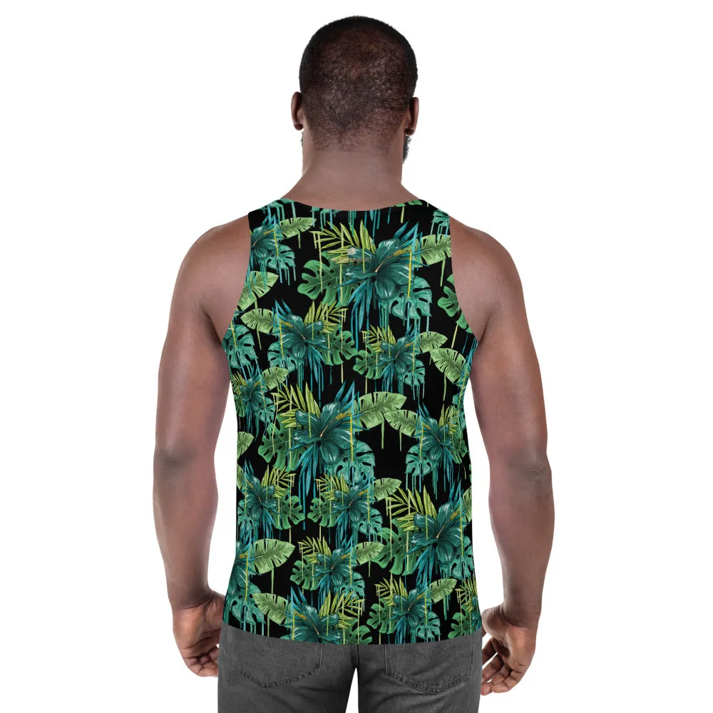 Black Tropical Unisex Tank Top, Green Leaf Best Print Men's Fashion Tank Top-Made in USA/EU