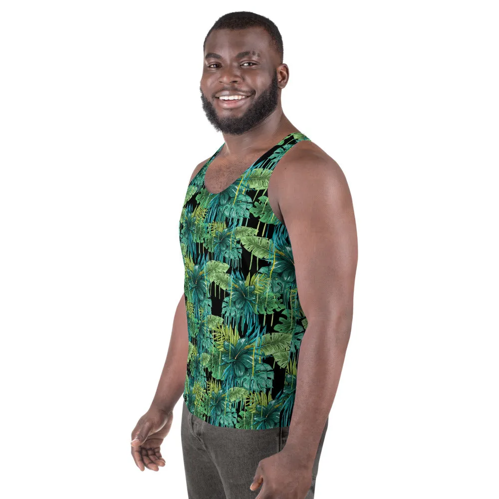 Black Tropical Unisex Tank Top, Green Leaf Best Print Men's Fashion Tank Top-Made in USA/EU