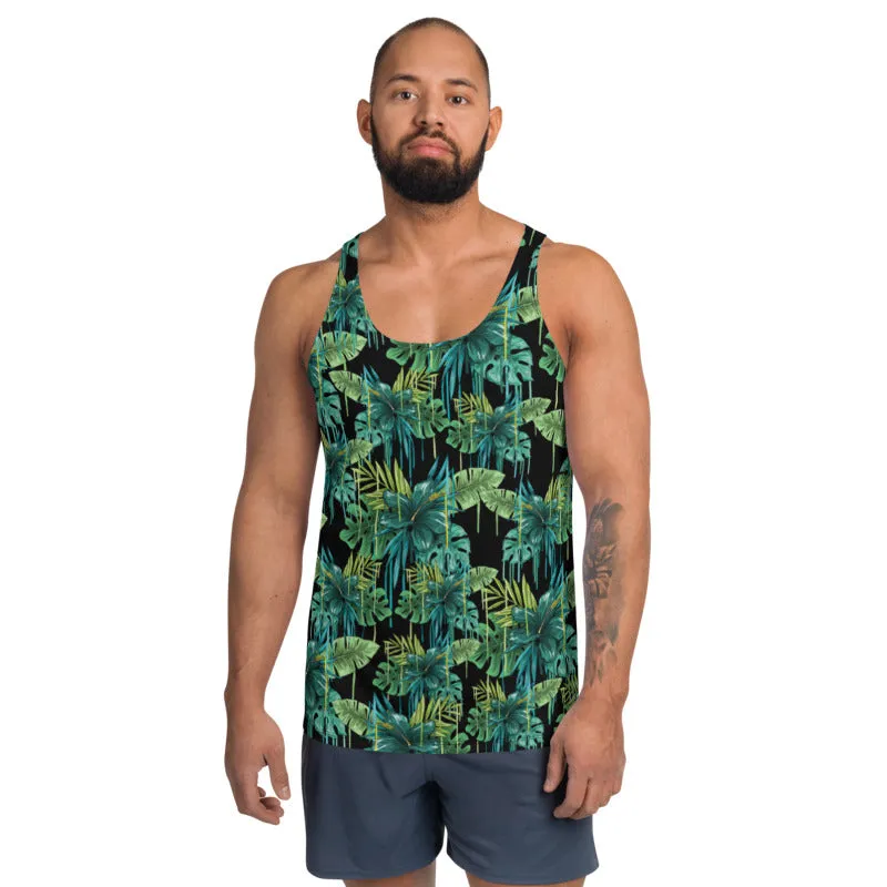 Black Tropical Unisex Tank Top, Green Leaf Best Print Men's Fashion Tank Top-Made in USA/EU