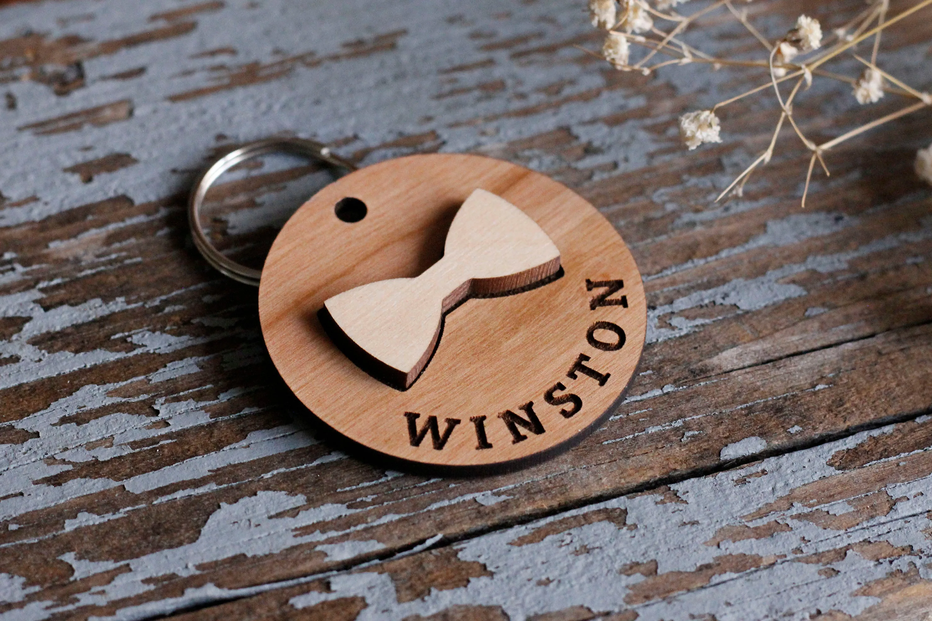 Bow Tie Wooden Round Pet Tag