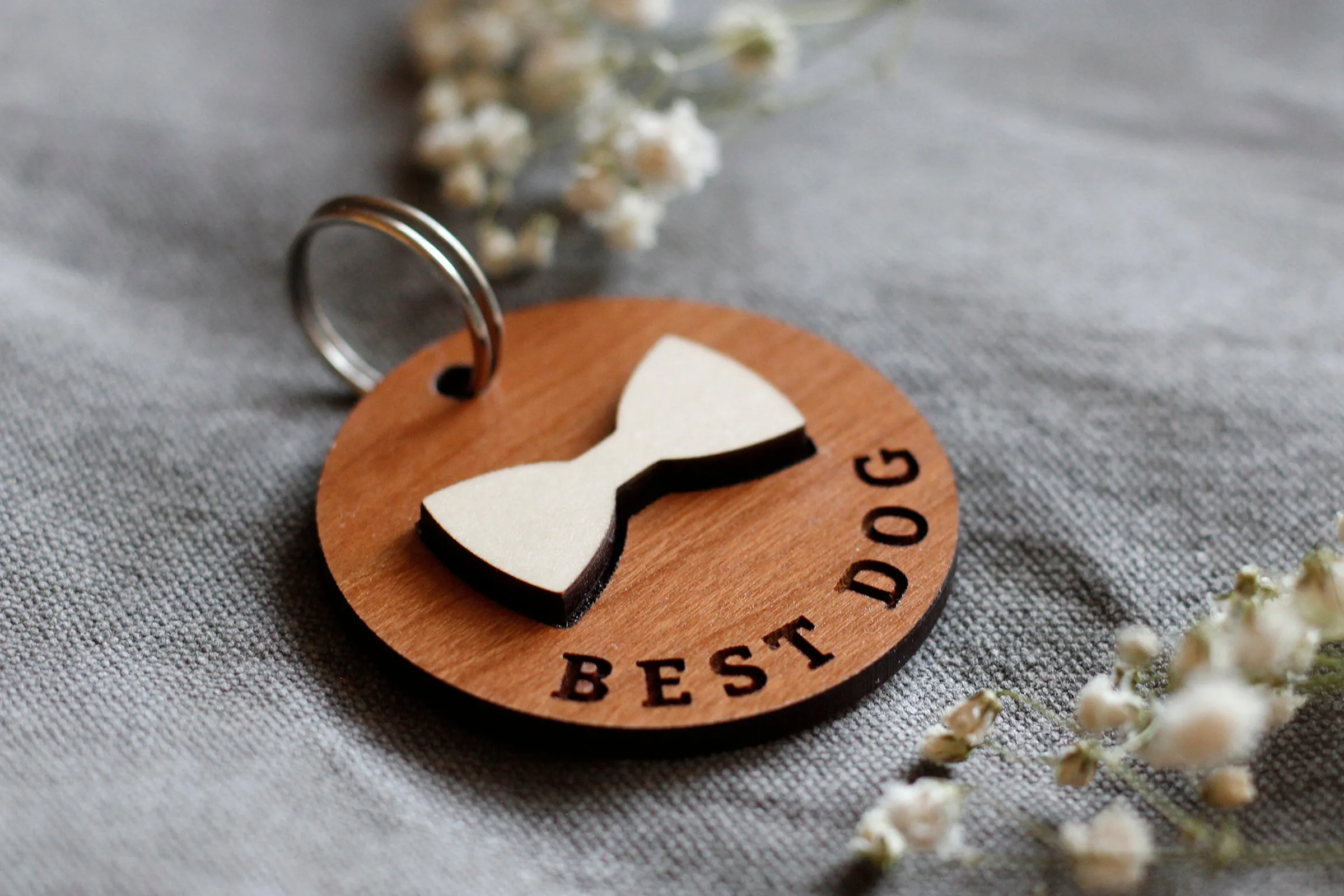 Bow Tie Wooden Round Pet Tag