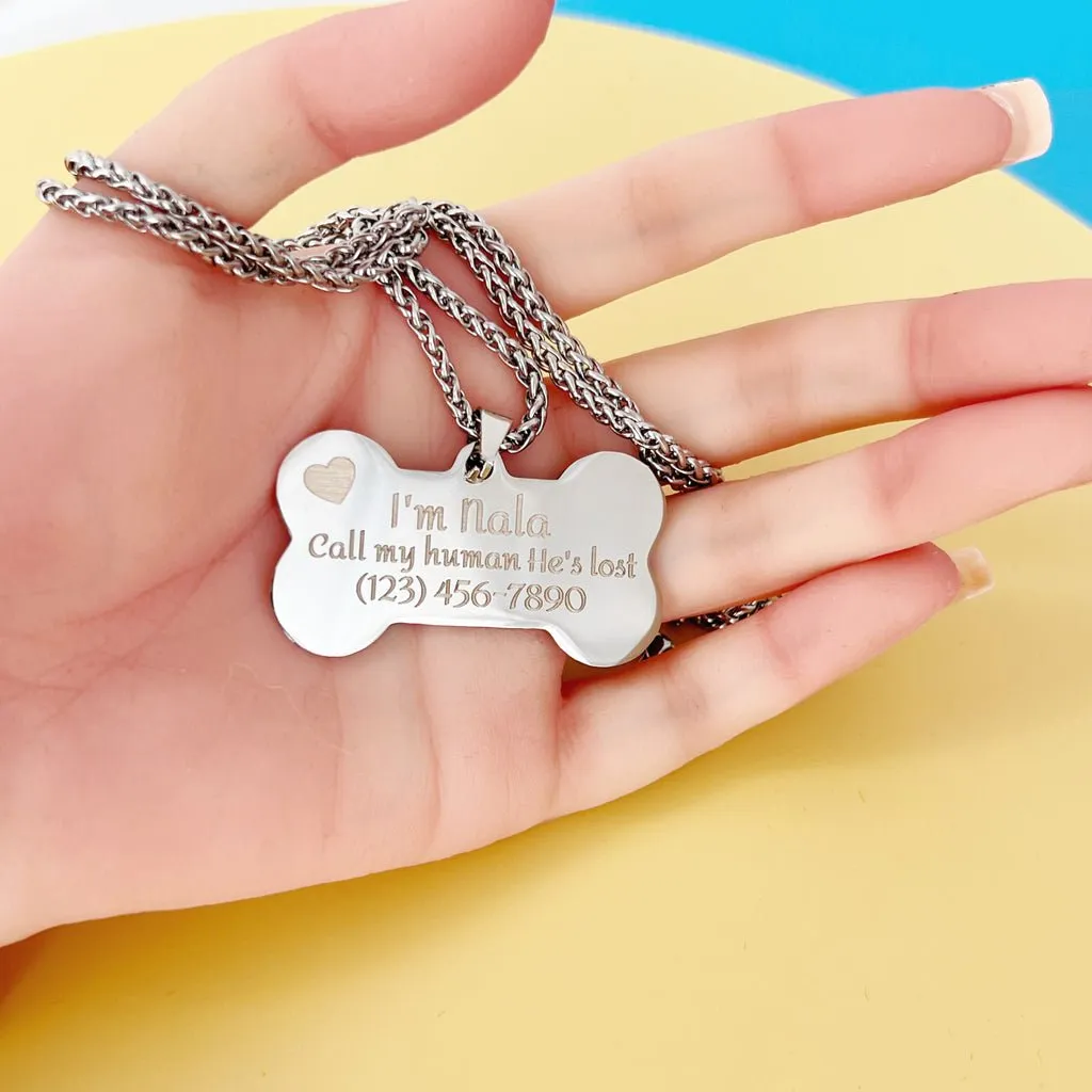 Custom Dog Tags, Bone Shape Stainless Steel with Chain and Box, 1.93x1.07 inch, Personalized Pets Engraved ID Name Plate