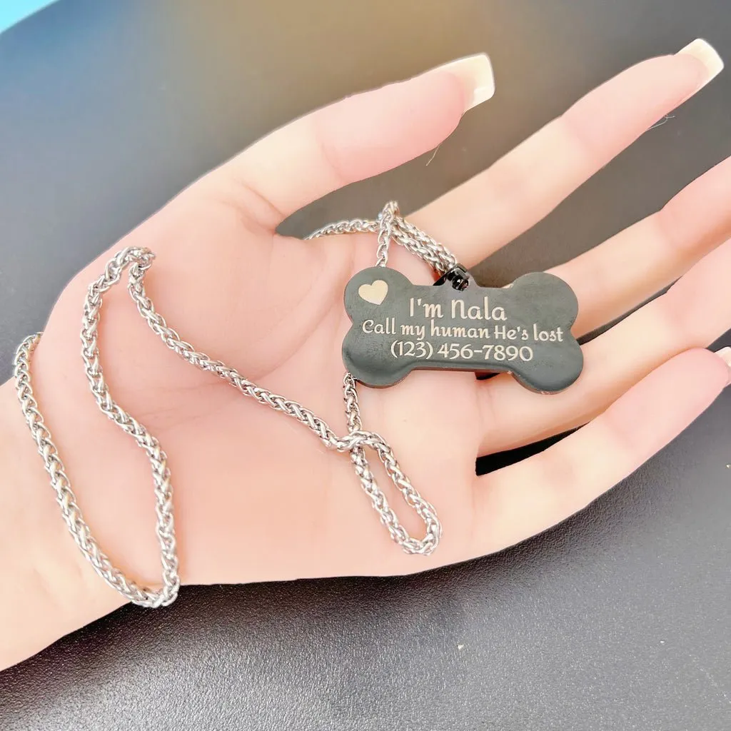 Custom Dog Tags, Bone Shape Stainless Steel with Chain and Box, 1.93x1.07 inch, Personalized Pets Engraved ID Name Plate