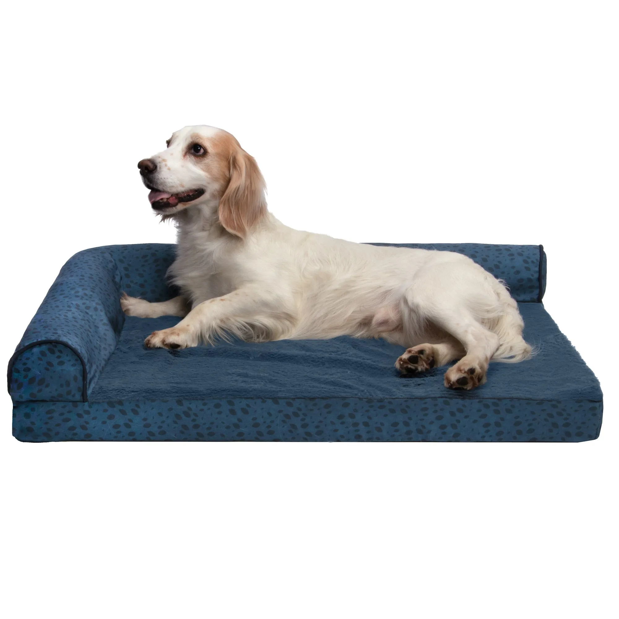 Deluxe Chaise Lounge Dog Bed - Plush Faux Fur & Almond Print