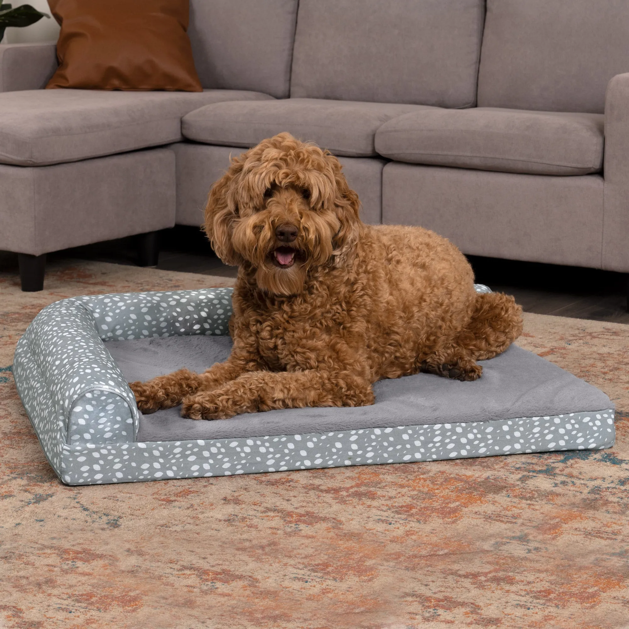 Deluxe Chaise Lounge Dog Bed - Plush Faux Fur & Almond Print