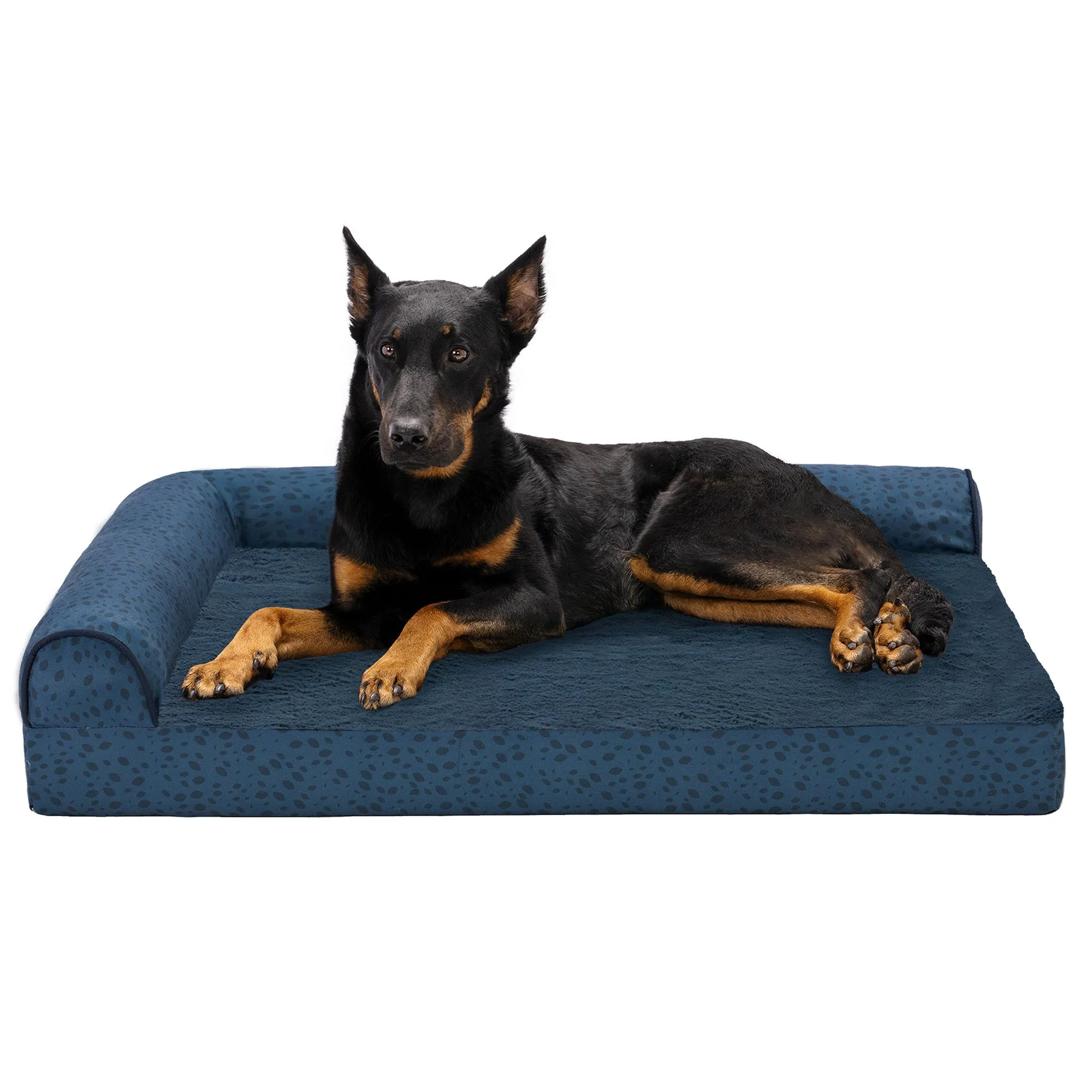 Deluxe Chaise Lounge Dog Bed - Plush Faux Fur & Almond Print