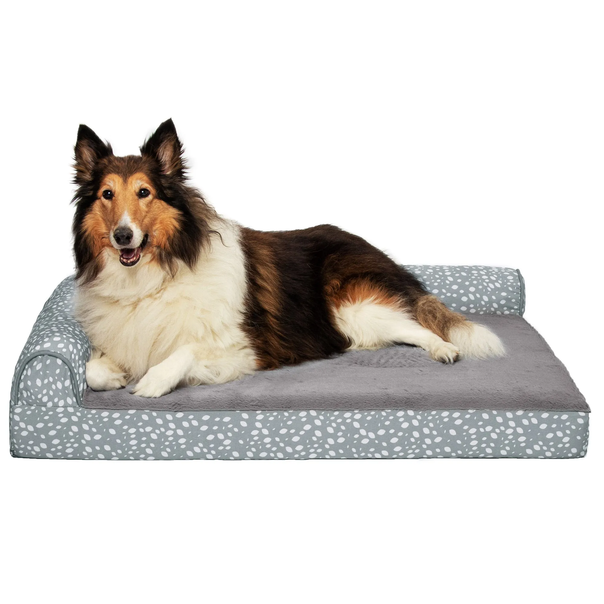 Deluxe Chaise Lounge Dog Bed - Plush Faux Fur & Almond Print