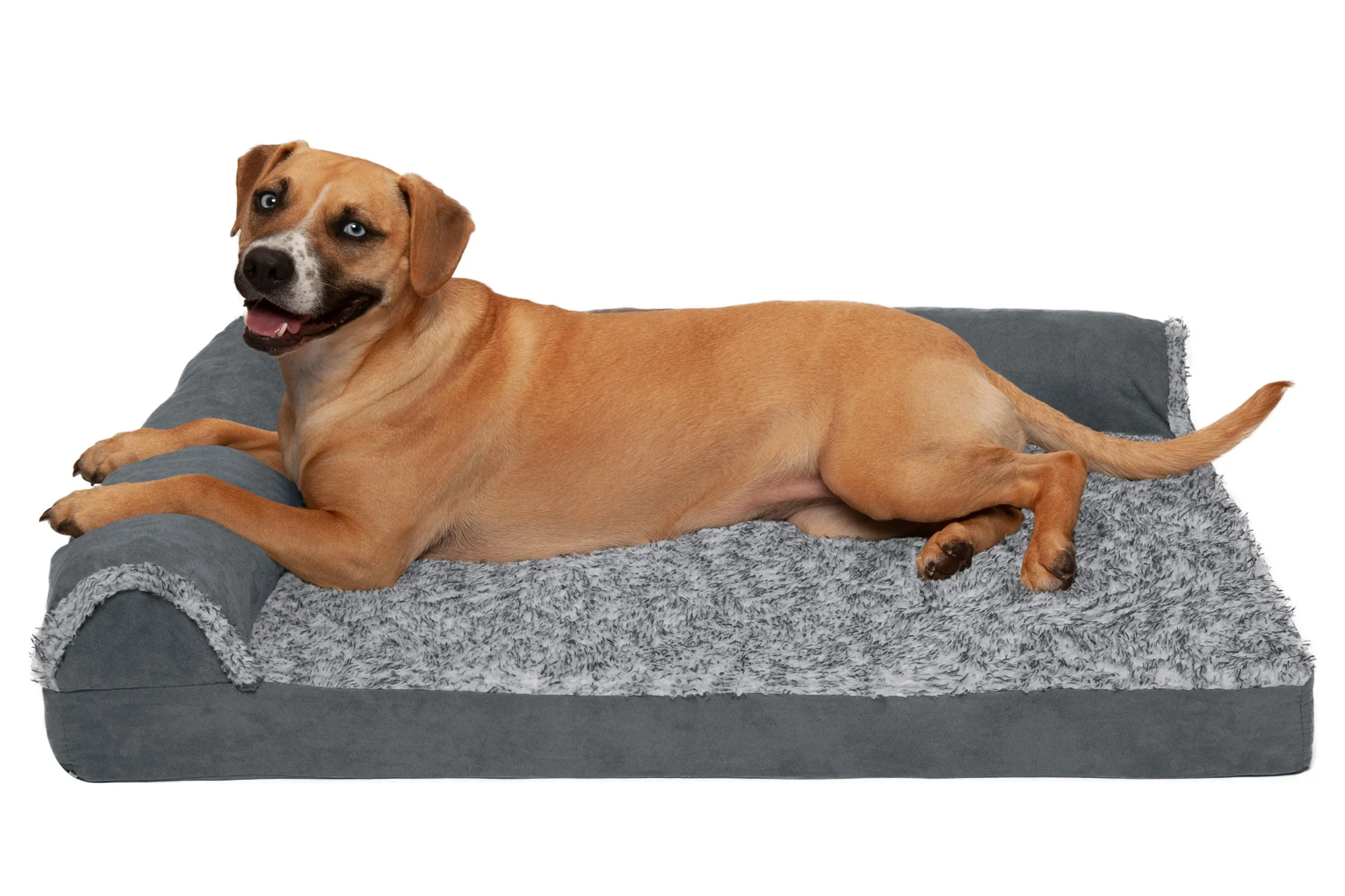 Deluxe Chaise Lounge Dog Bed - Two-Tone Faux Fur & Suede