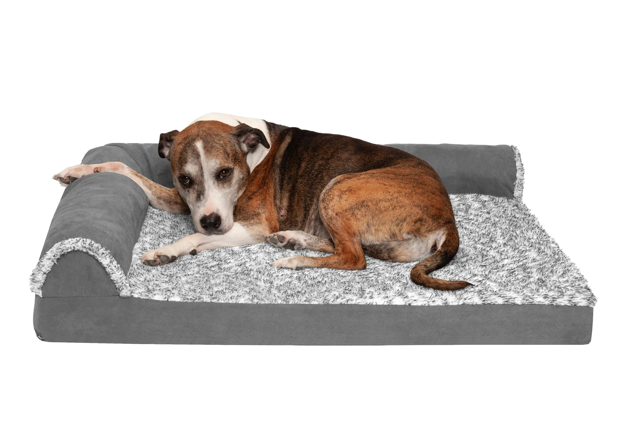 Deluxe Chaise Lounge Dog Bed - Two-Tone Faux Fur & Suede