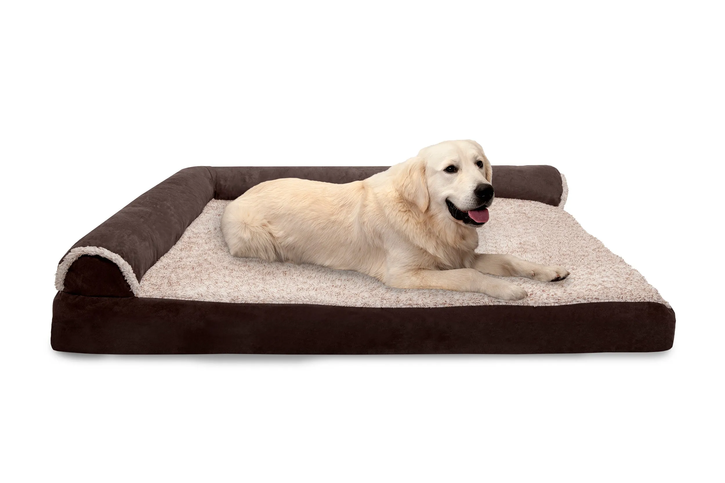 Deluxe Chaise Lounge Dog Bed - Two-Tone Faux Fur & Suede