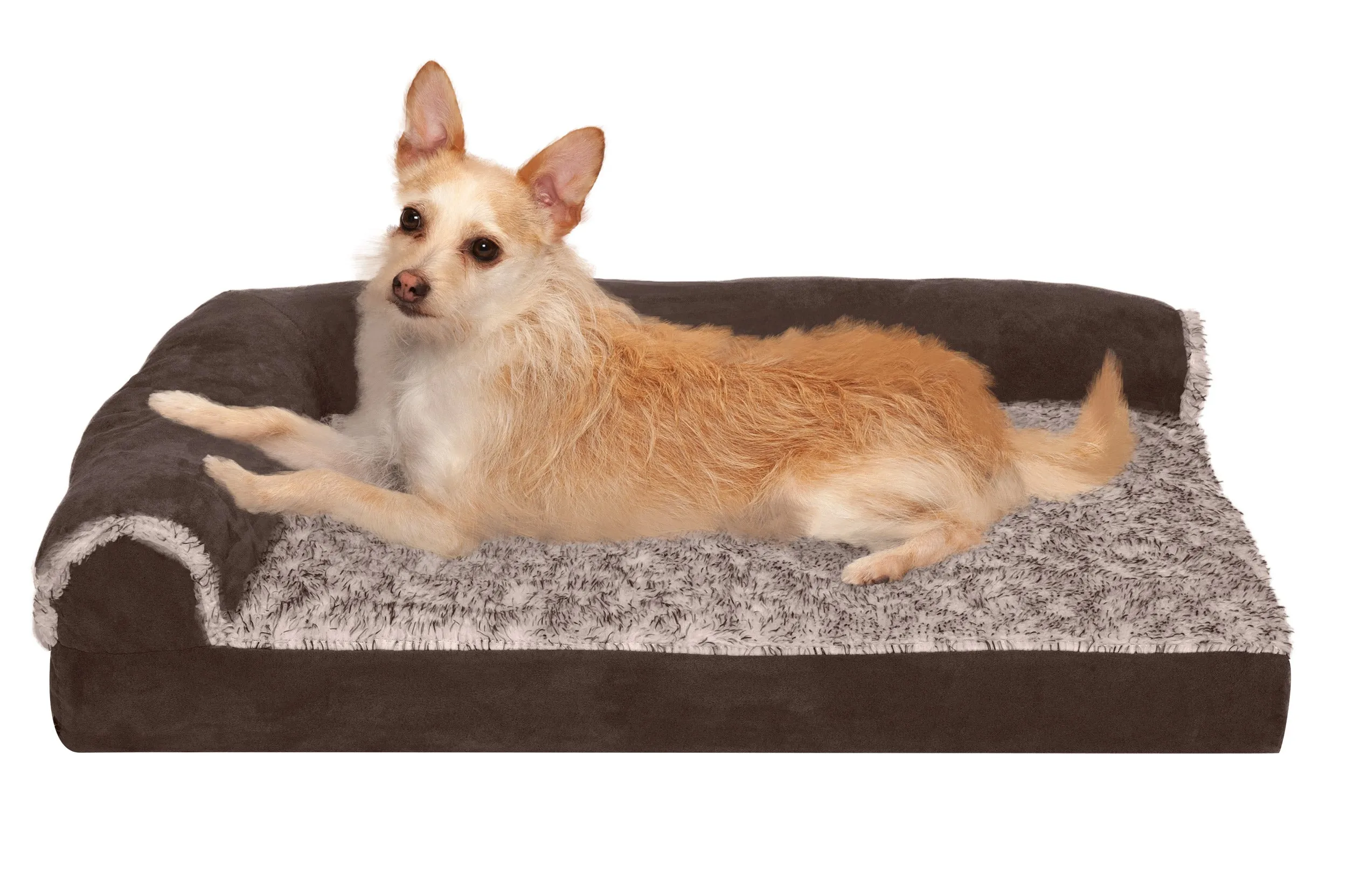 Deluxe Chaise Lounge Dog Bed - Two-Tone Faux Fur & Suede