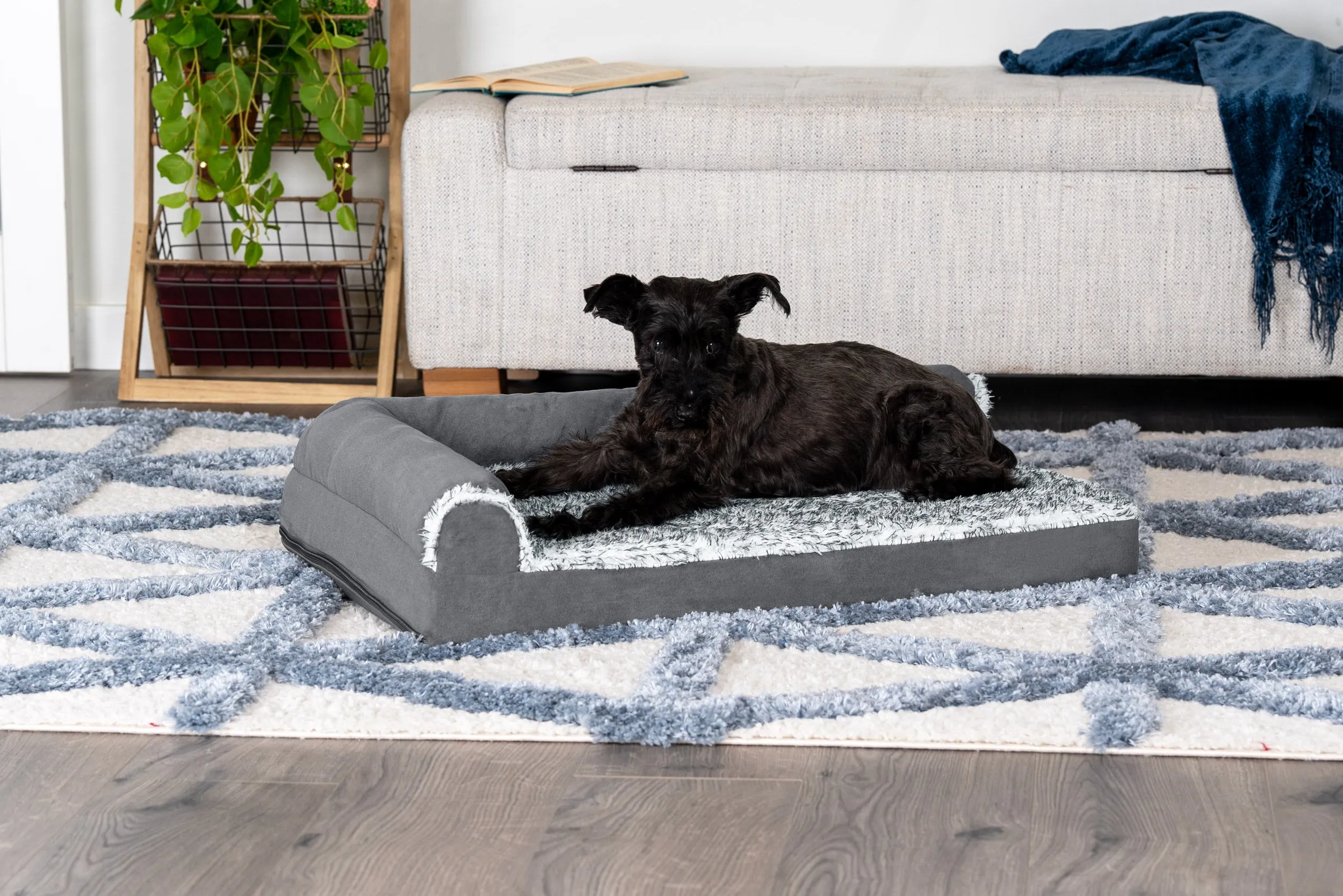 Deluxe Chaise Lounge Dog Bed - Two-Tone Faux Fur & Suede