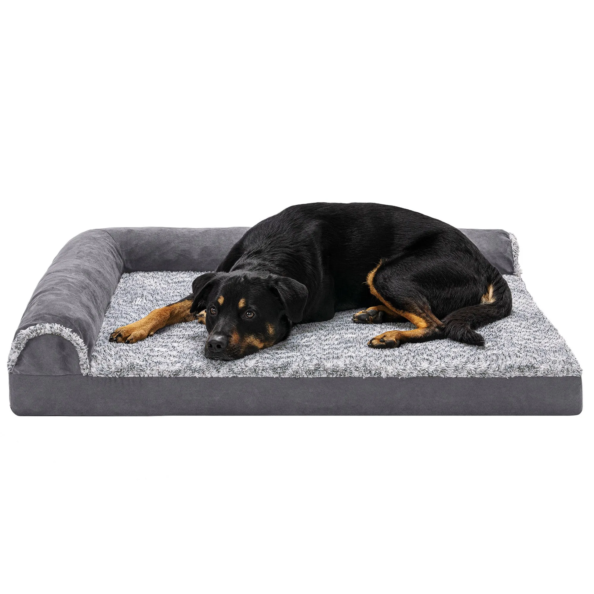 Deluxe Chaise Lounge Dog Bed - Two-Tone Faux Fur & Suede