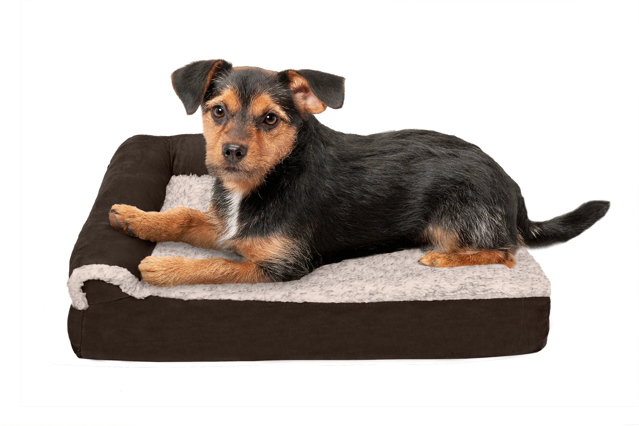 Deluxe Chaise Lounge Dog Bed - Two-Tone Faux Fur & Suede