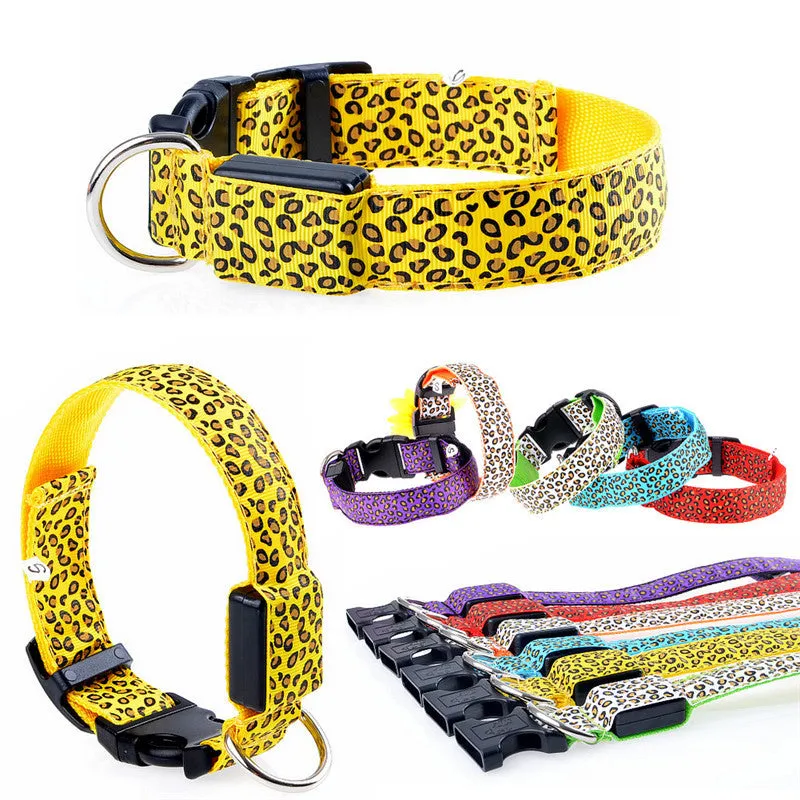 Fashion Leopard LED Dog Collar Flashing In Dark Nylon 3 Mode Lighting Safety LED Pet Collar 2.5cm Wide Luminous Pet Products