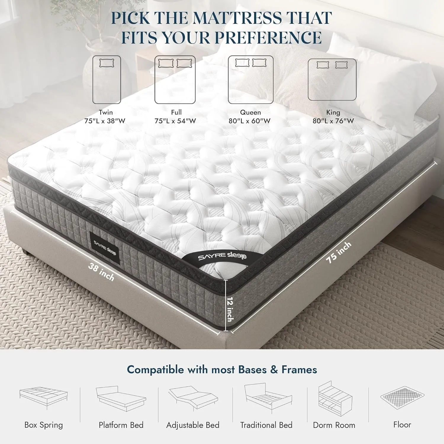 Queen Mattress, 12" Diamond Hybrid Innerspring & Cool Gel Memory Foam, Medium