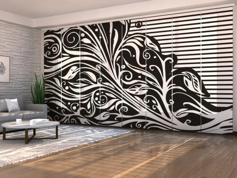 Sliding Panel Curtain Abstract Floral in Black and White