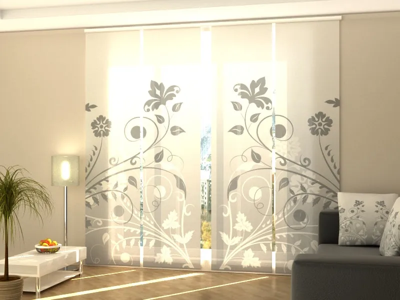 Sliding Panel Curtain Delicate Gray Floral Abstraction