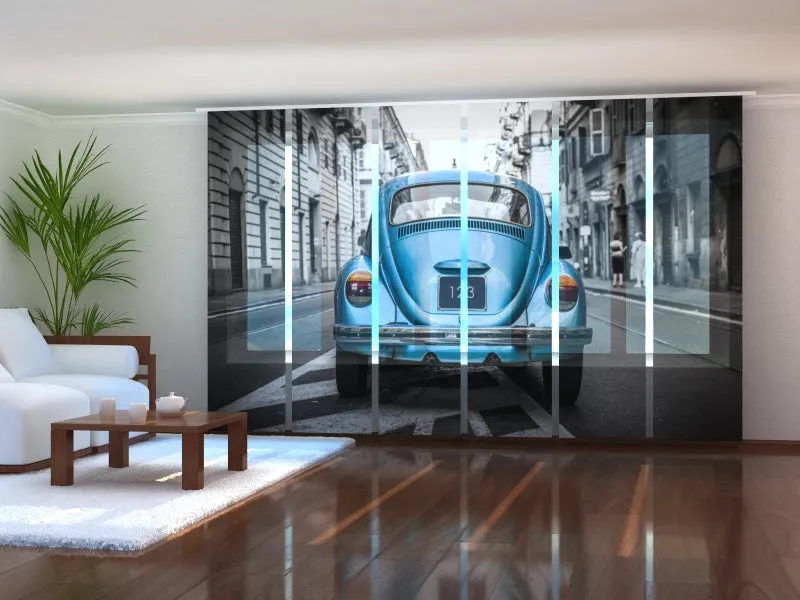 Sliding Panel Curtain Retro Blue Car