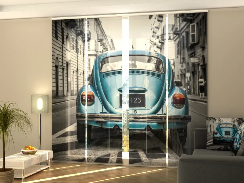 Sliding Panel Curtain Retro Blue Car