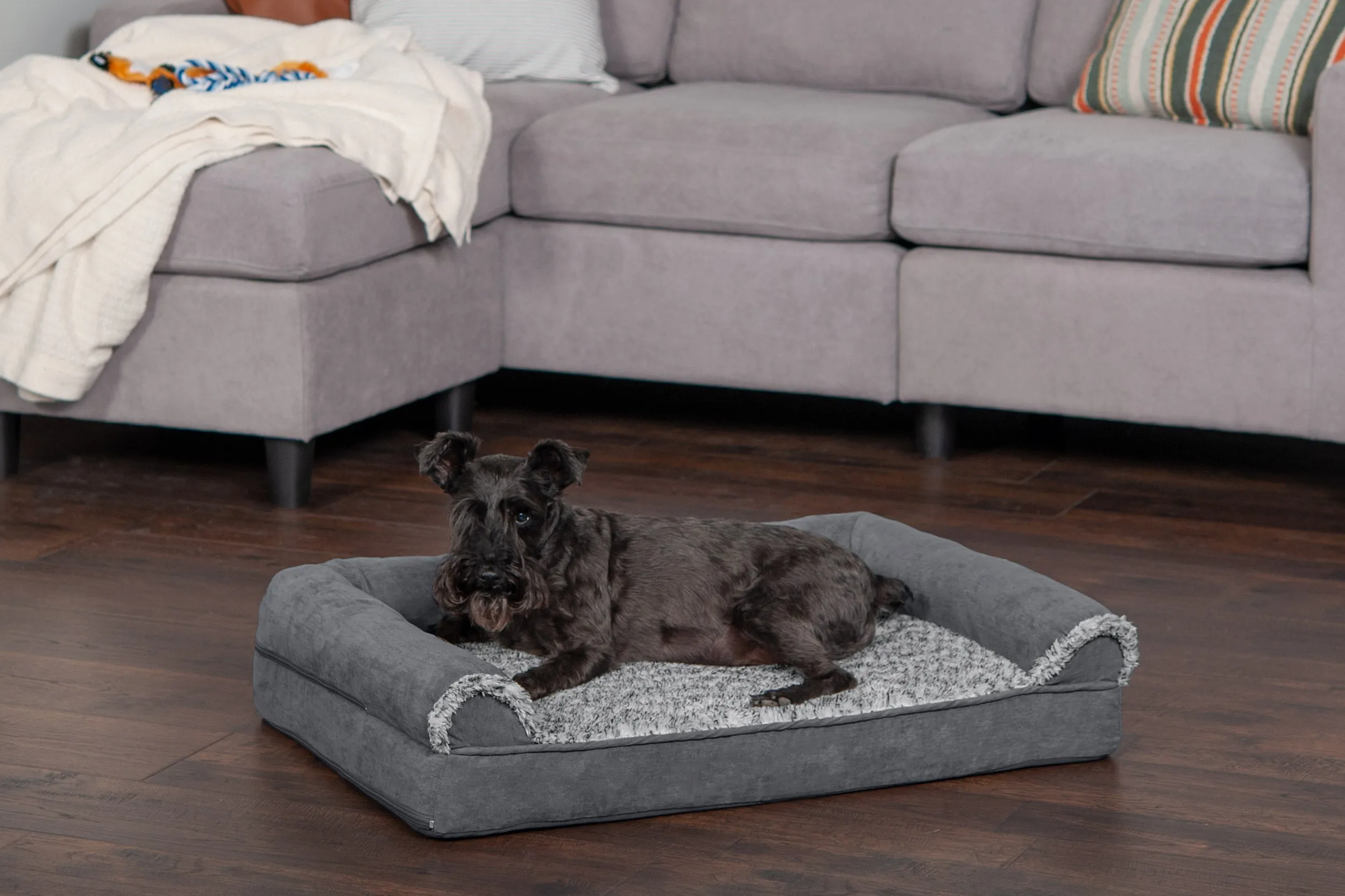 Sofa Dog Bed - Two-Tone Faux Fur & Suede