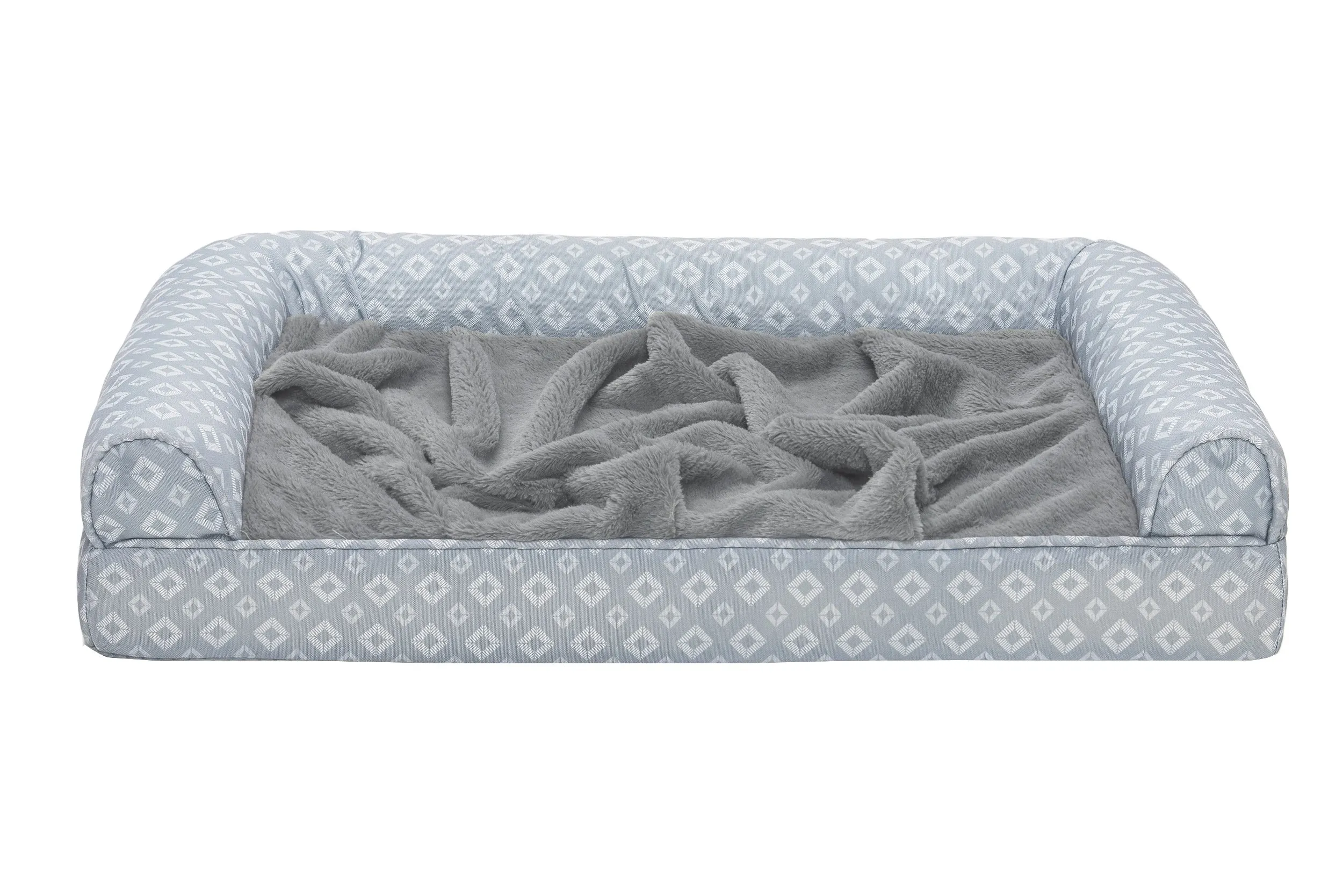 Sofa Pet Bed - Plush Faux Fur & Diamond Print Nest-Top Sofa Bed