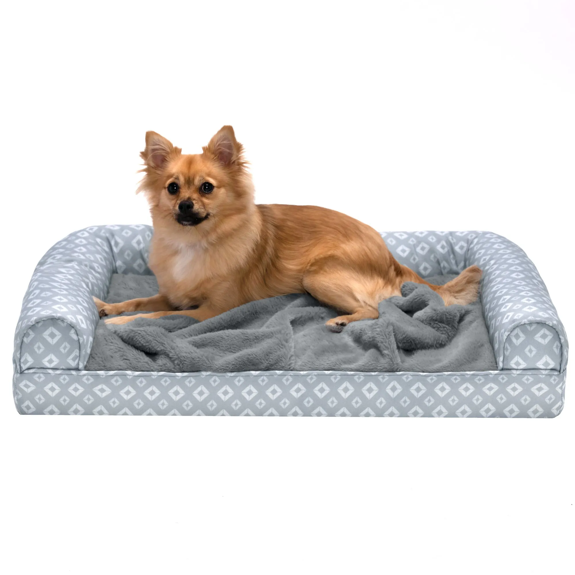 Sofa Pet Bed - Plush Faux Fur & Diamond Print Nest-Top Sofa Bed