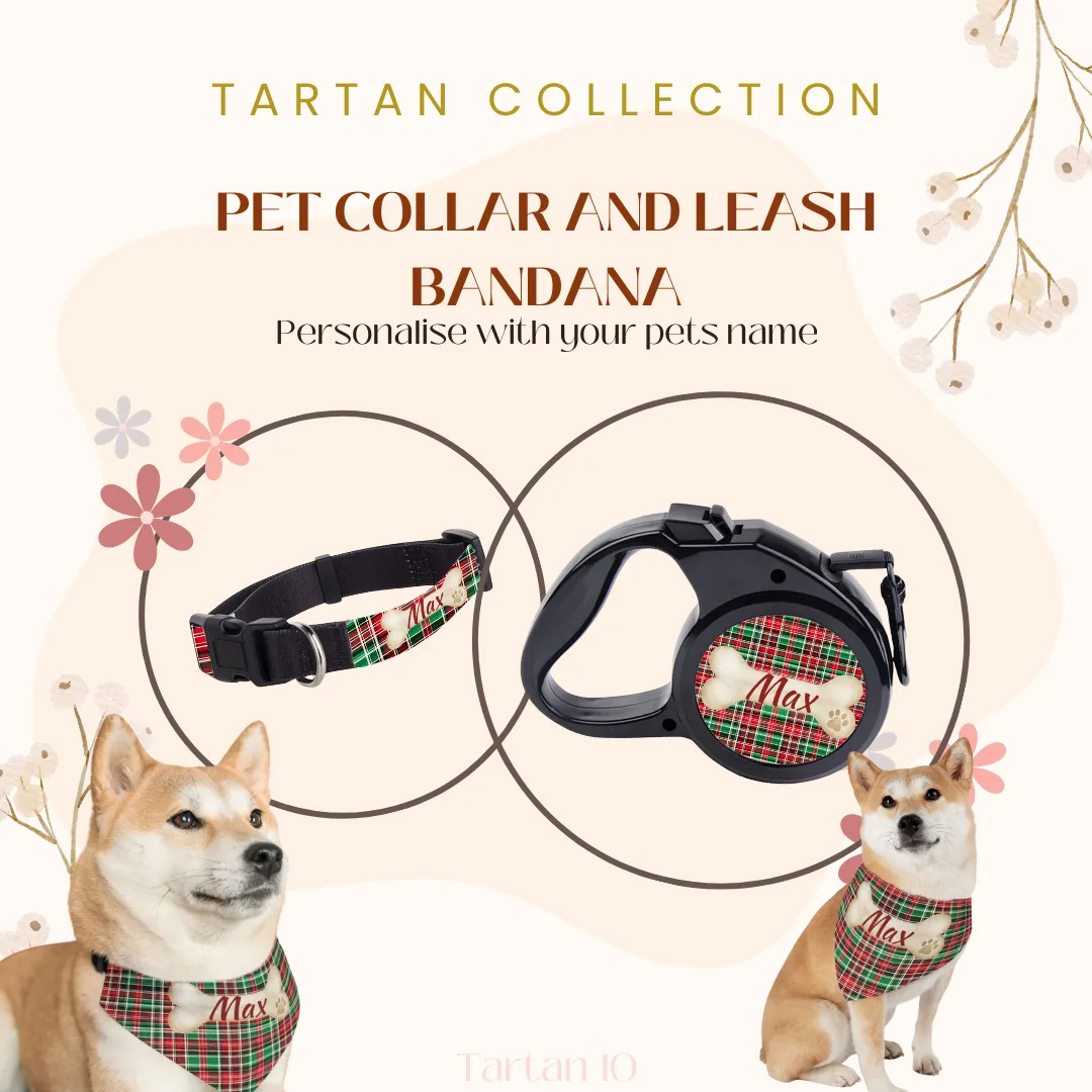 Tartan Collection 10 - Pet Tag Round and Bone Shape, Bandana, Lead, Dinner Bowl, Pet Bed