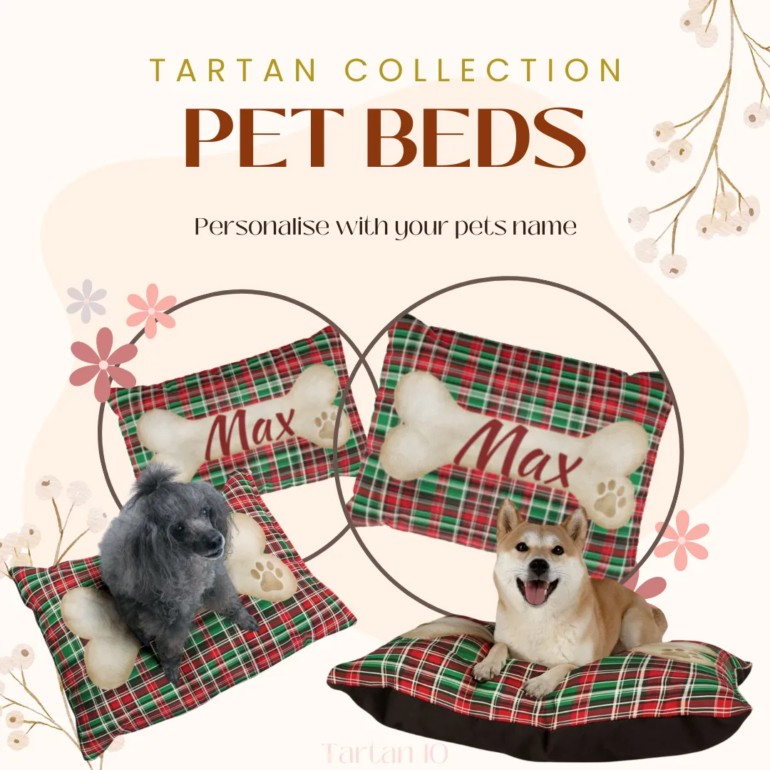 Tartan Collection 10 - Pet Tag Round and Bone Shape, Bandana, Lead, Dinner Bowl, Pet Bed