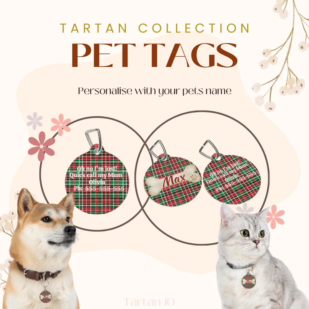 Tartan Collection 10 - Pet Tag Round and Bone Shape, Bandana, Lead, Dinner Bowl, Pet Bed