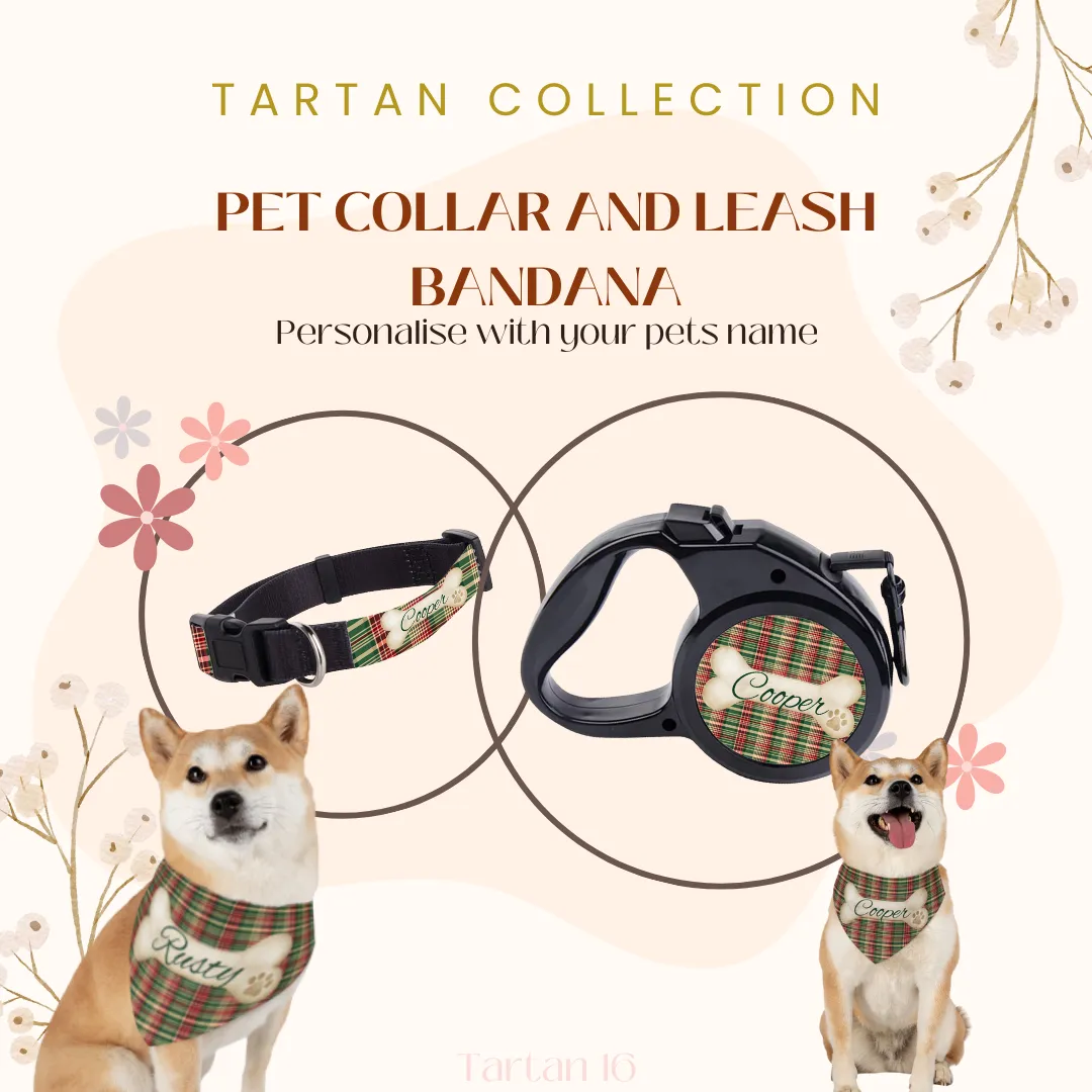 Tartan Collection 16 - Pet Tag Round and Bone Shape, Bandana, Lead, Dinner Bowl, Pet Bed