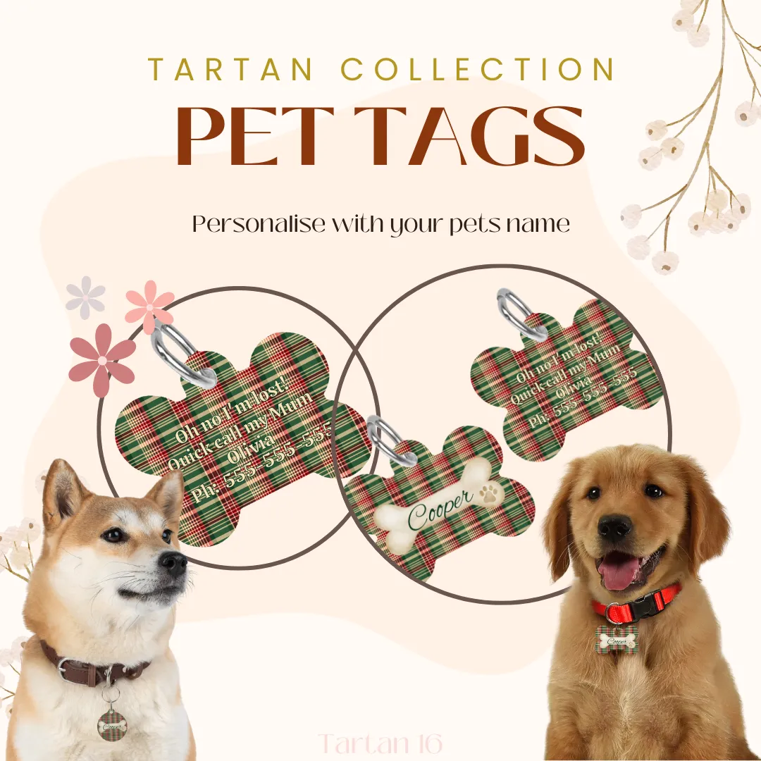 Tartan Collection 16 - Pet Tag Round and Bone Shape, Bandana, Lead, Dinner Bowl, Pet Bed