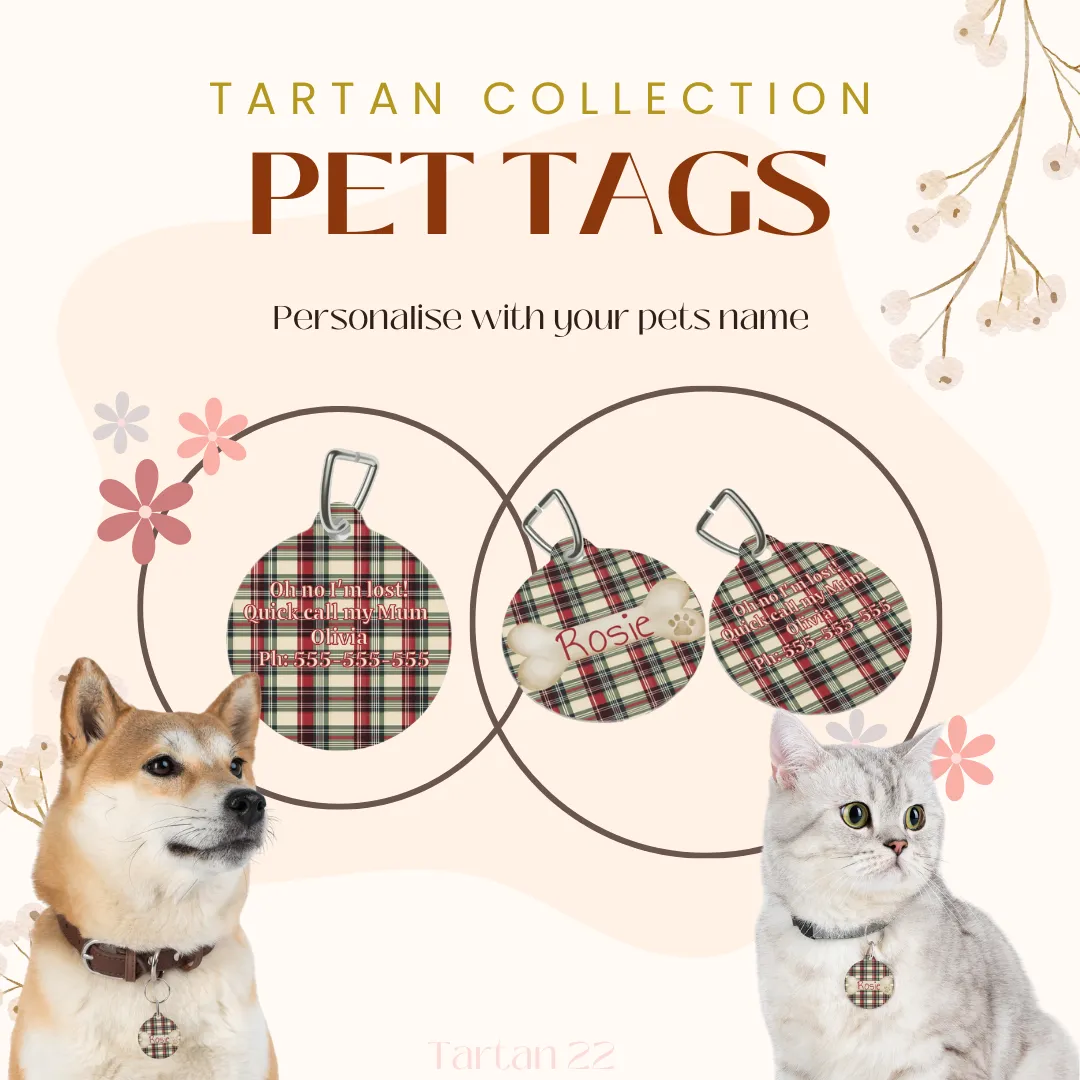 Tartan Collection 22 - Pet Tag Round and Bone Shape, Bandana, Lead, Dinner Bowl, Pet Bed